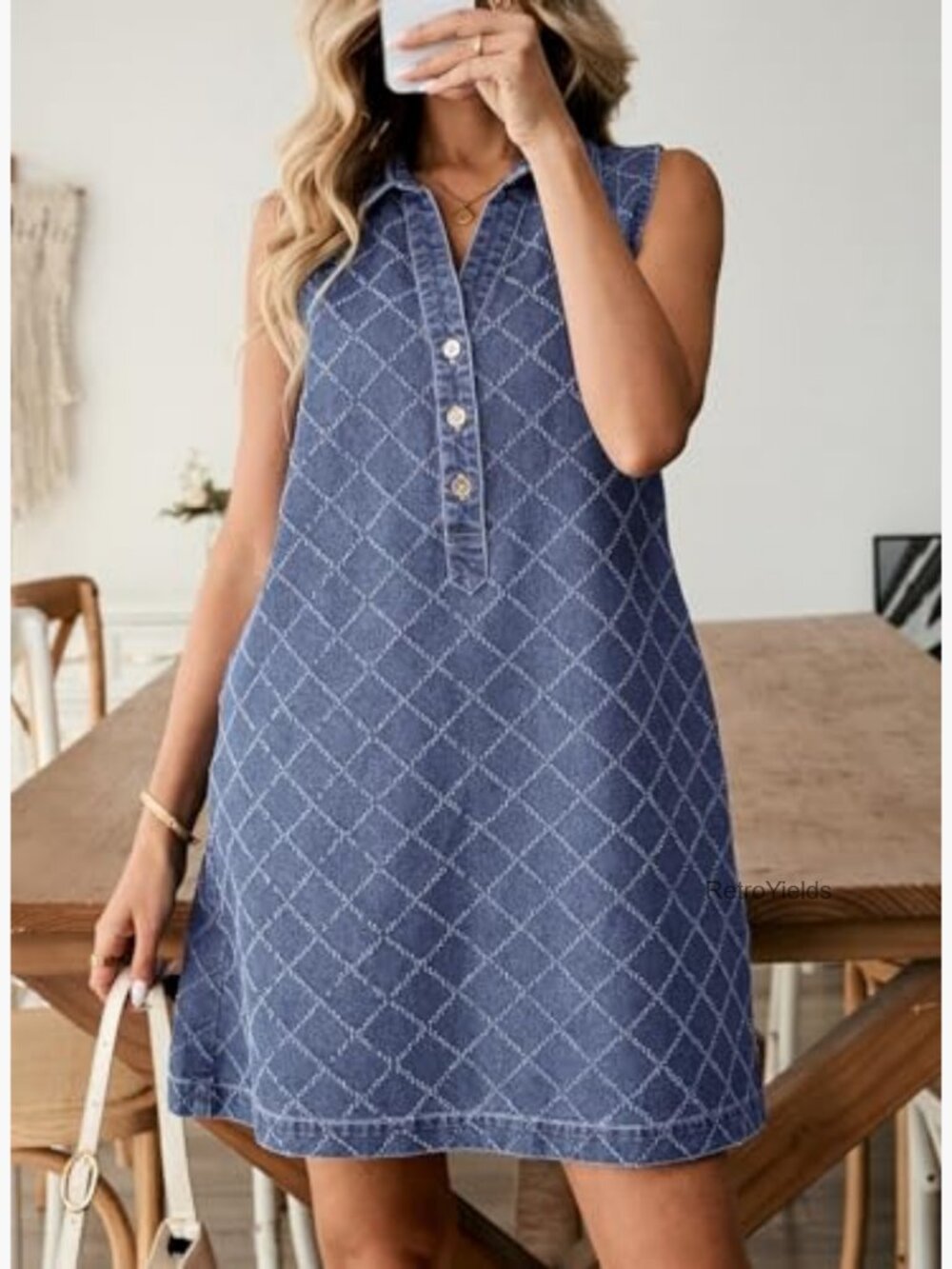 Sleeveless V-Neck Button Mini Jean Dress with Pockets - Picture 2 of 7